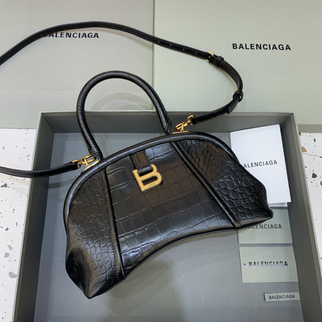 Balenciaga Editor Small Handbag Crocodile Embossed Shoulder Bag Black